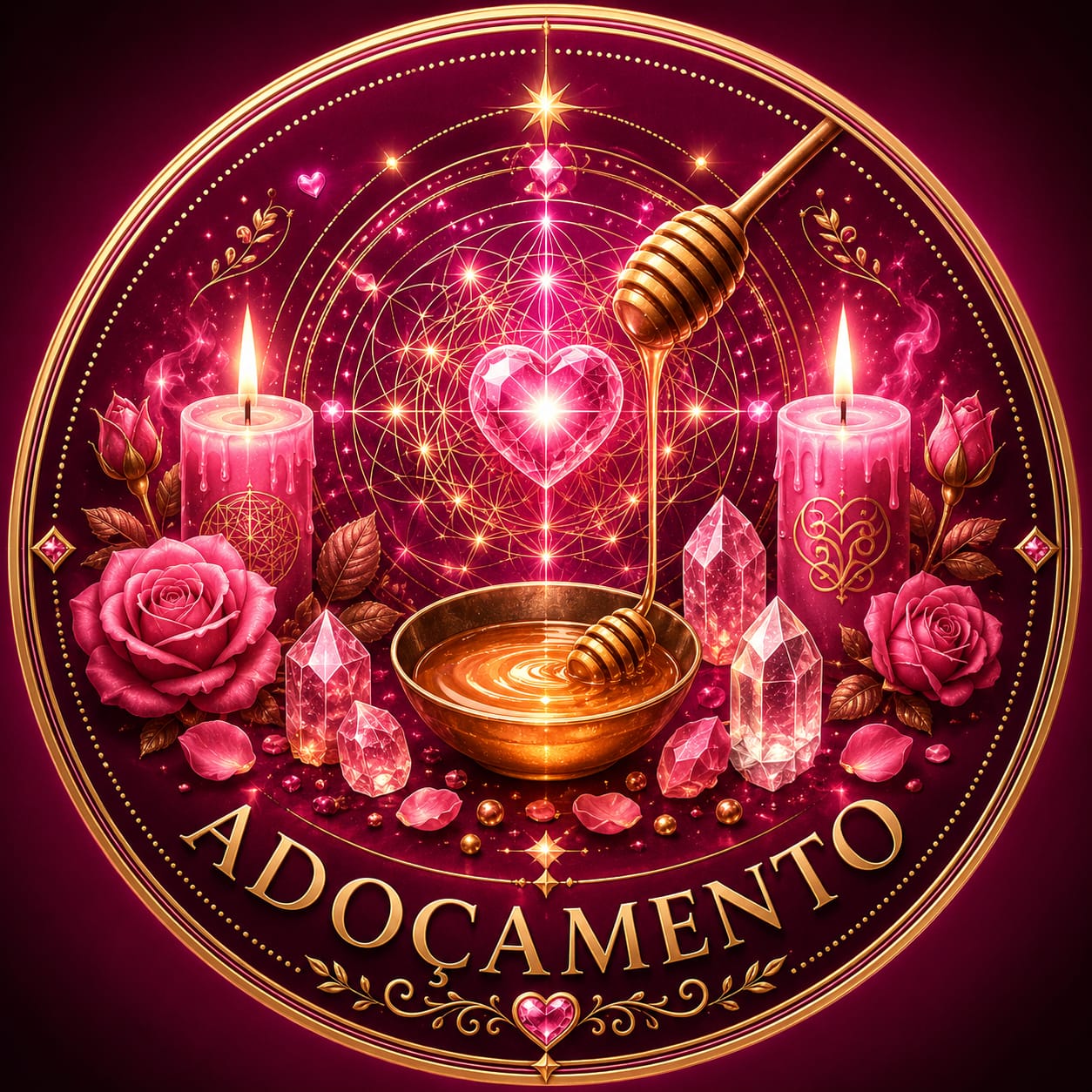 Selo dourado do Adoçamento com velas, rosas e cristais em tons de rosa